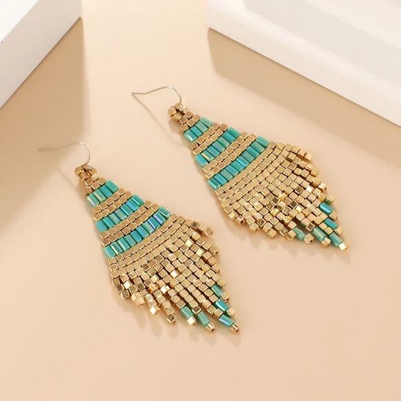 Lemonlimeblue Jewelry - Hand Made Beaded Light Blue and Gold Tassel Drop Earrings